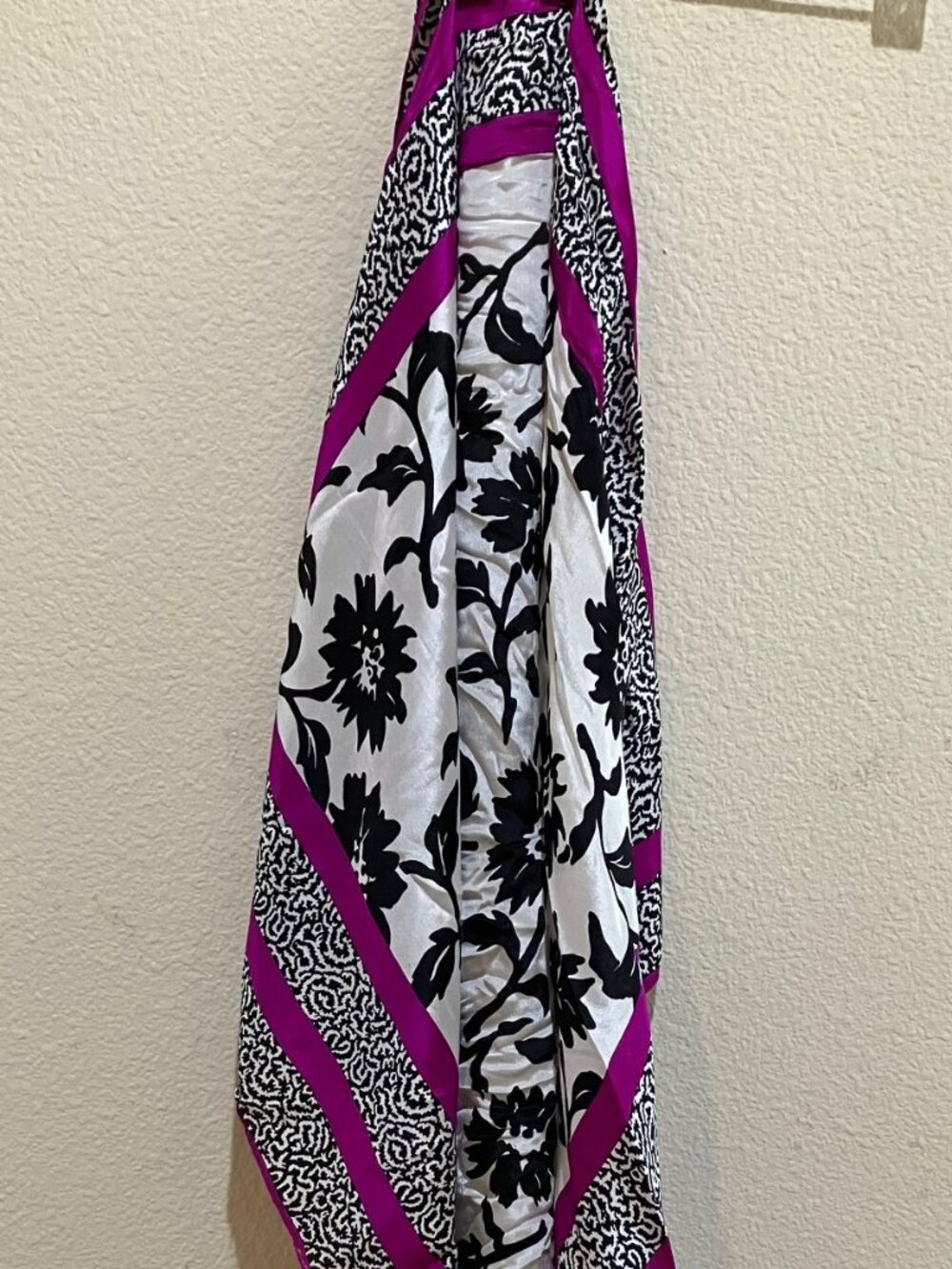 Satin Scarf Black White Floral Magenta Border Lightweight Womens Square 35x35
